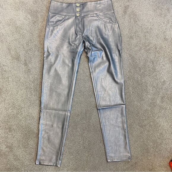 𝅺FREDDY WR.UP metallic silver faux leather pleather skinny leggings M NWT Rare - Picture 4 of 13